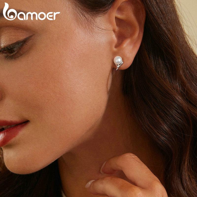 Серьги-гвоздики BAMOER из стерлингового серебра 925 пробы AAA + с фианитом, собранные вручную, с культивированным пресноводным жемчугом