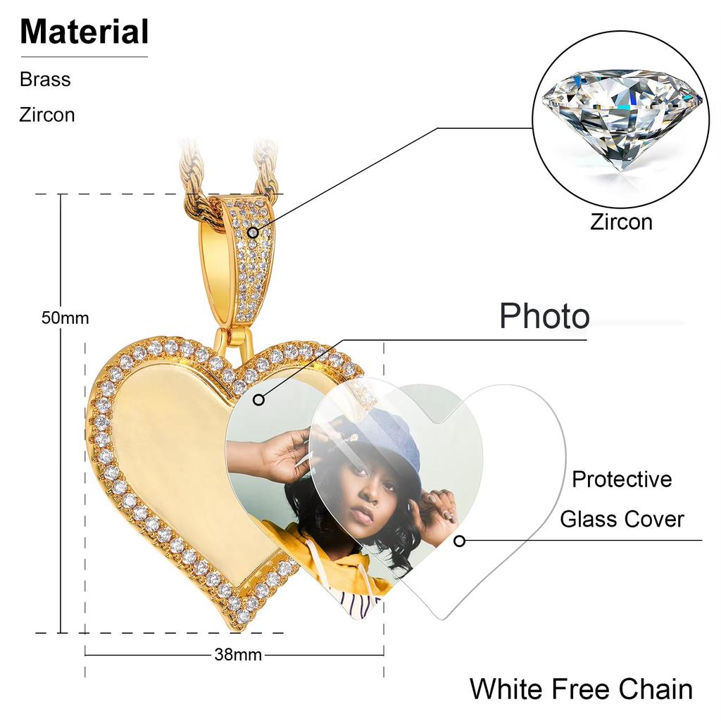 Fashion Memory Jewelry Gold Plated Hip Hop Picture Necklace Iced Out Jewelry Men Women Sublimation Blanks Custom Photo Pendant