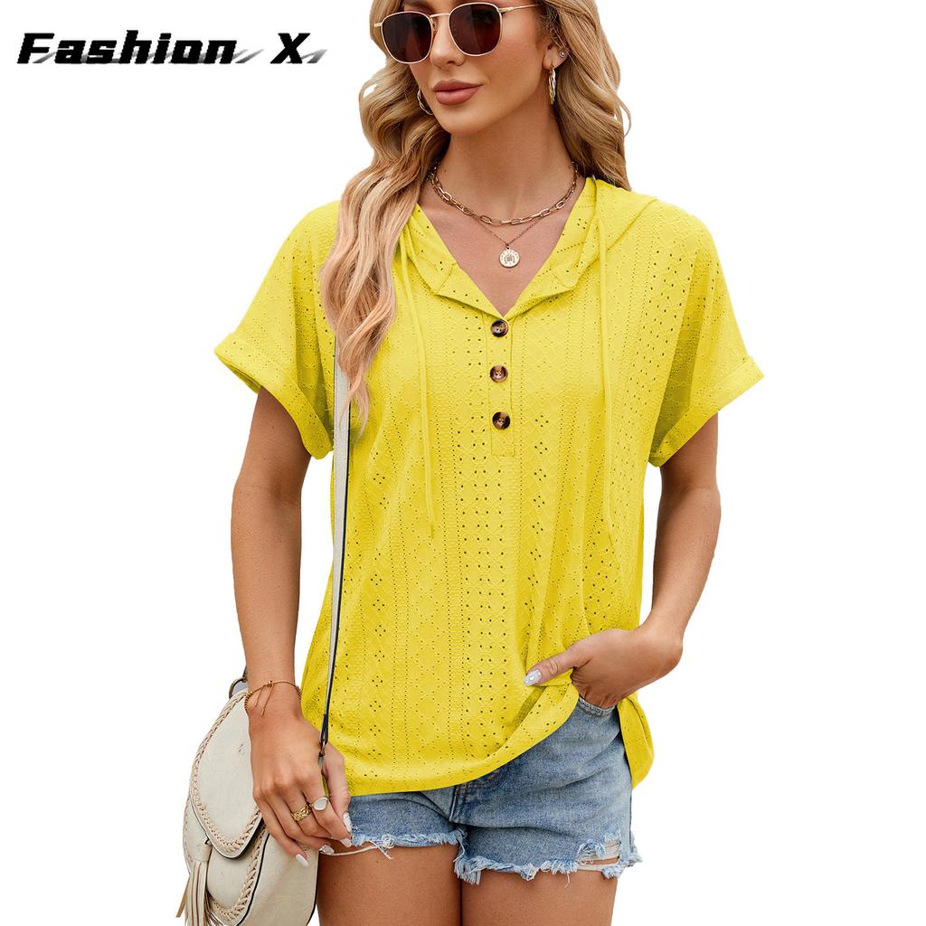 2024 весна и лето, новая однотонная свободная футболка с короткими рукавами и пуговицами, топ для женщин