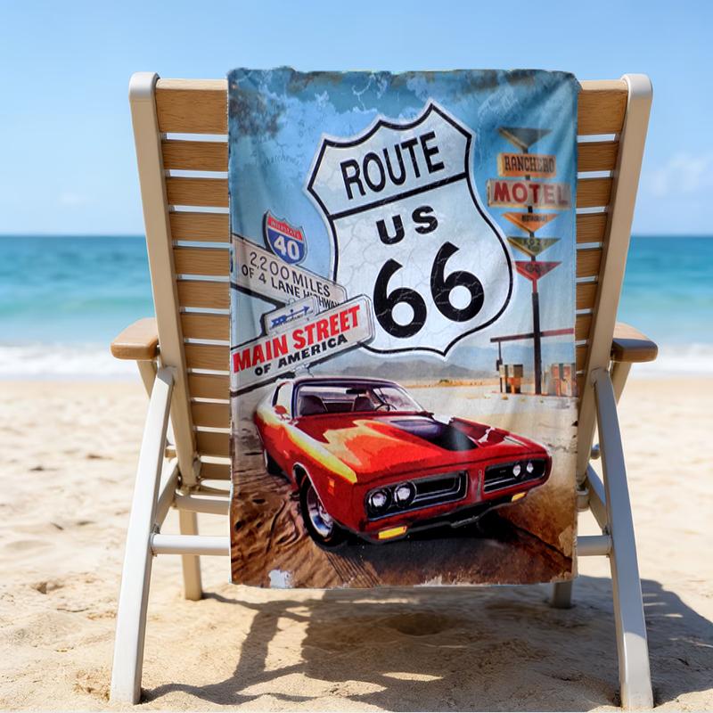 proof beach towel with a U.S. Route 66(0) pattern - soft,absorbent,quick-drying,machine washable - perfect for swimming,camping,bathing