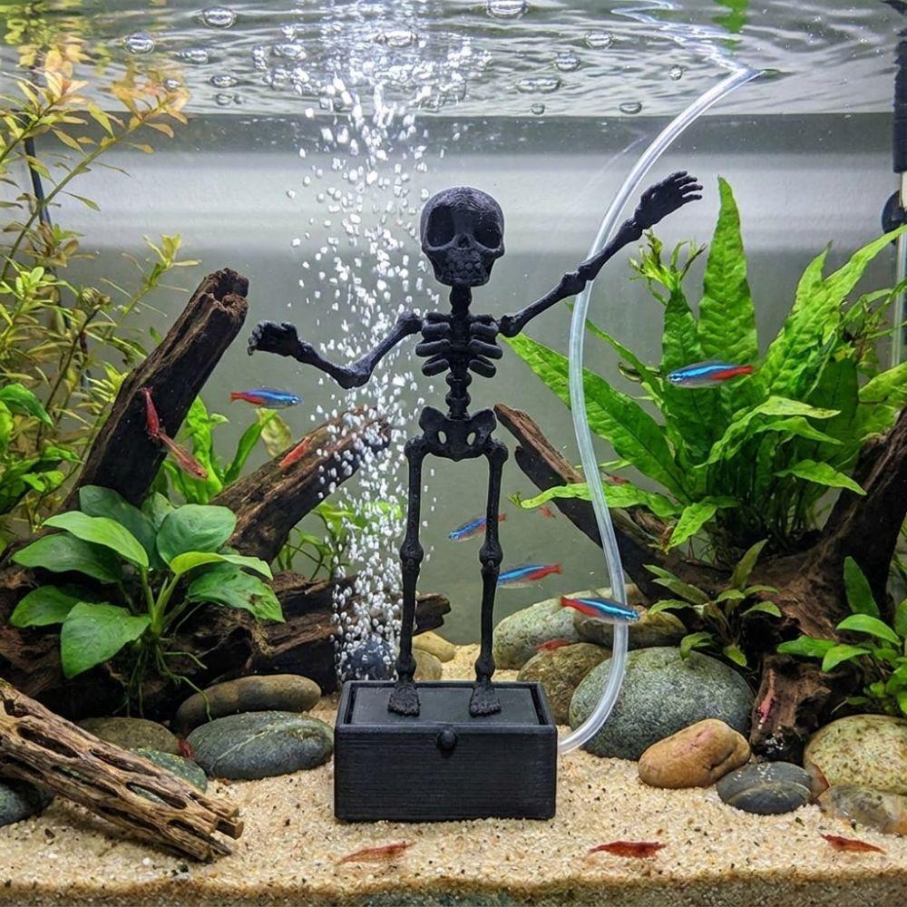 Glow in Dark Fish Tank Dance Skull Bubbler Movable Skeleton Fish Tank Bubbler Gag Gift
