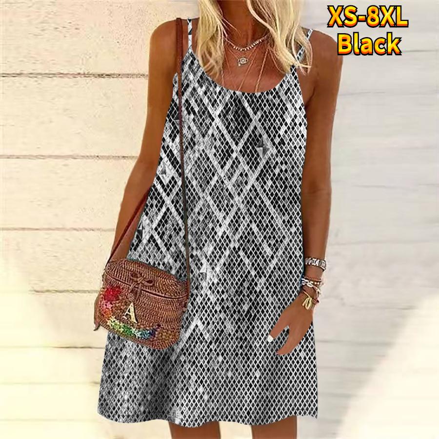 Women Flower Patterned Sequin Diamond Lattice Printed Mini Dress Sleeveless Party Dress Summer Beach Dress Sundress