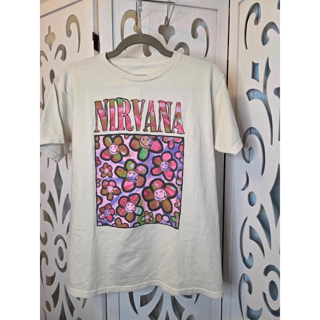 Молодежная футболка Nirvana с графическим принтом Smiley Flower, размер XL, кремовая, хлопковая, с полосой