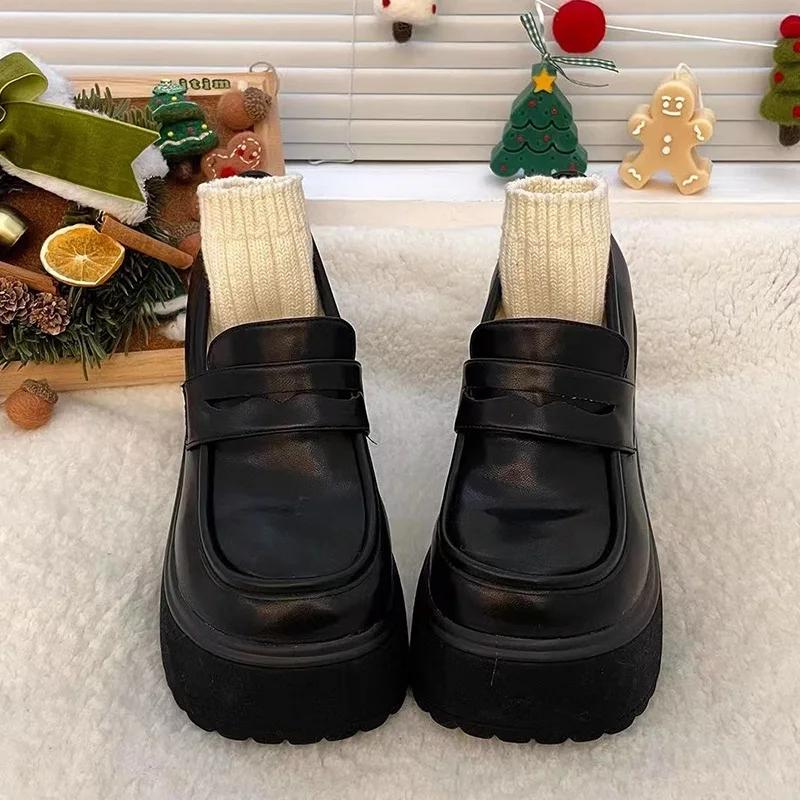 WHOHOLL Pu Leather Women's Platform Loafers 2024 Gothic Black Chunky High Heels Pumps Woman Preppy Style Jk Uniform Shoes Mujer