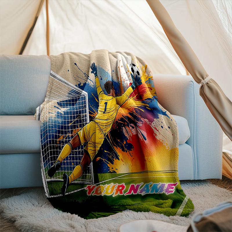 1PC Custom Name Soccer Goalkeeper Splash Art outdooor Flannel blankets Throw Blanket All-Season Throw Gift Bedspread for Couch, Bed, Camping Holiday B