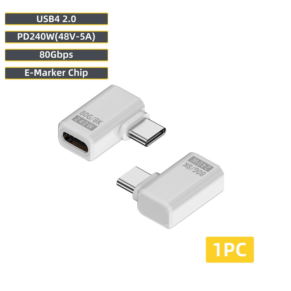 USB4 V2 90 Degree Type C Angle Adapter 80Gbps Thunderbolt 5 4 3 Elbow Adapter 240W USB-C Cable Connector 40Gbps for MacBook Air