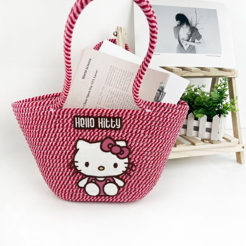 New Kitty Woven Crossbody Straw Bag Cute Cartoon Dumpling bag Sweet Women's Shoulder Handbag Cute Large Capacity Pink Tote Bag