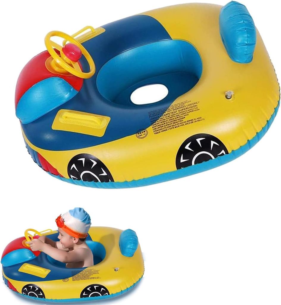 Children's Inflatable Swimming RingCute Car  Seat Toddler   Float Seat Boat with Steering Wheel Horn and Handles, Pool Toy for Girls Boys 1-5 Years