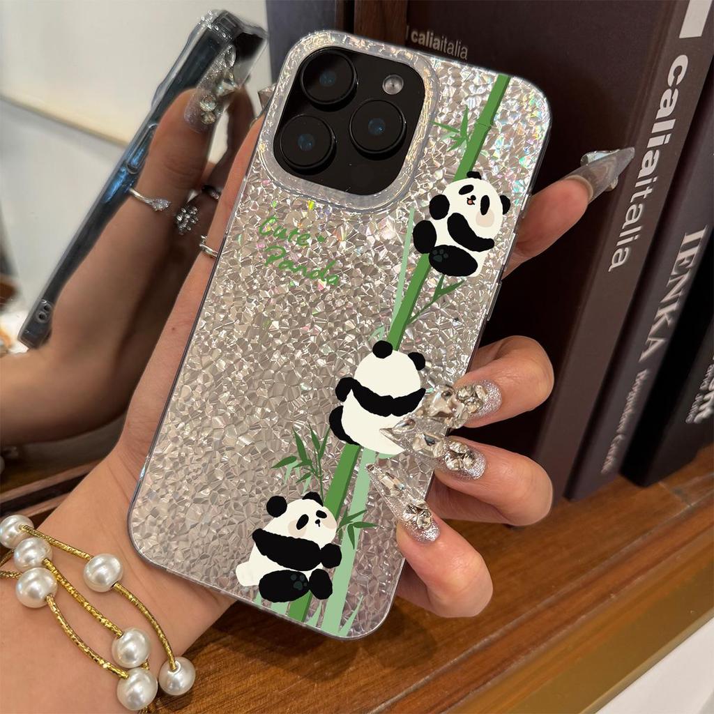 Милые панды на бамбуковом чехле для iphone 14 12 XR Air 18 Pro Max XS Max 17 Pro 16 Plus 11 13 15 Серебристый фон с трещинами и блестками