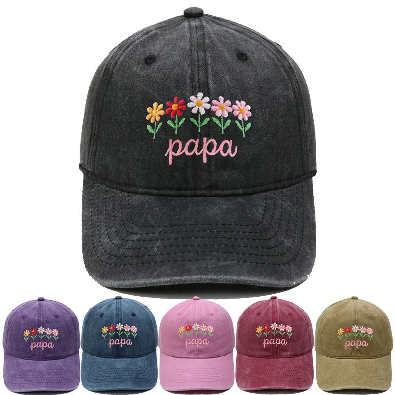 PAPA flower embroidery washed retro baseball cap Father's Day gift casual outdoor sunshade cap
