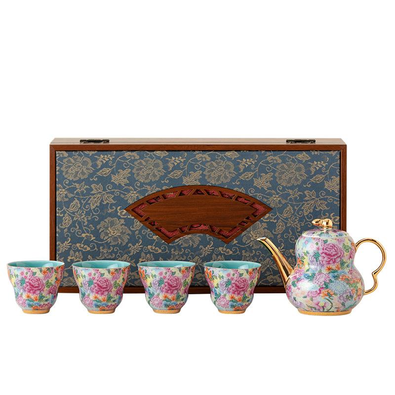 Enamel color kung fu tea set light luxury household living room teapot cover bowl drinking tea cup high-end gift box