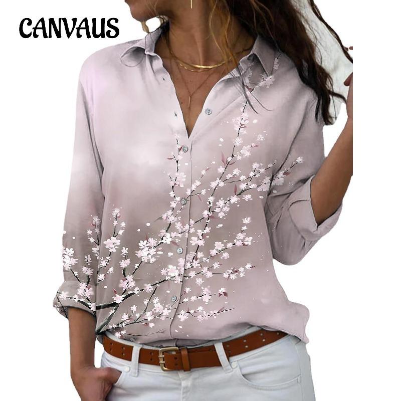 Spring and Autumn Women's Tops Peach Blossom Printing Plus Size V-Neck Long Sleeve Loose Shirt