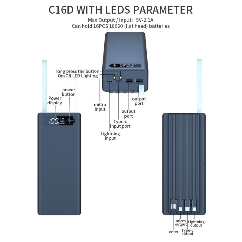 C16D 5V USB Двойной USB 16*18650 Корпус Power Bank C16D с 4 проводами Светодиоды Освещение DIY Съемная коробка QC3.0 Зарядка Аккумулятор Хранение Ящики