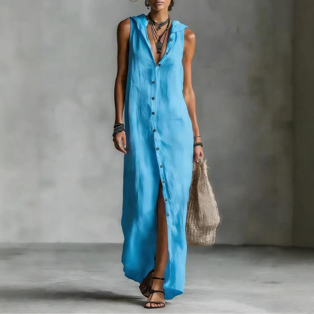 Women's Summer Cotton Linen Maxi Dress Hooded Collar Sleeveless Button Down Loose Casual Fashion Shirt Dress for Daily Vacation Wear