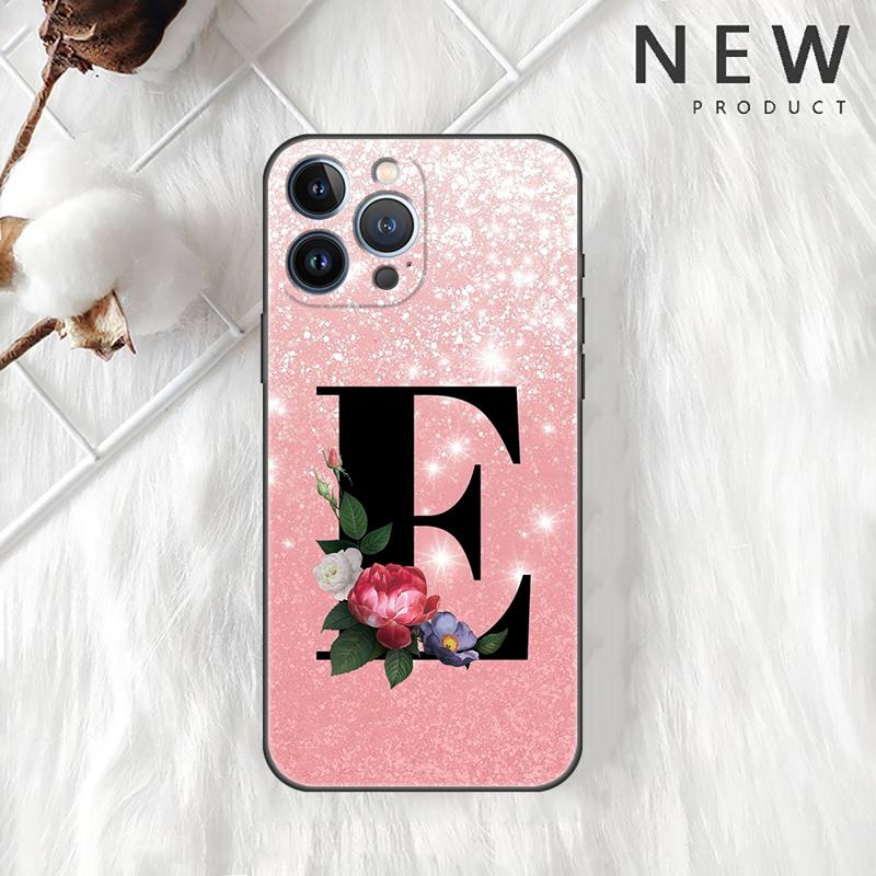 Letter A B C Flowers Pink Case For Apple iPhone 11 15 13 14 Pro Max 12 Plus X 15Pro Black Silicone Phone Coque