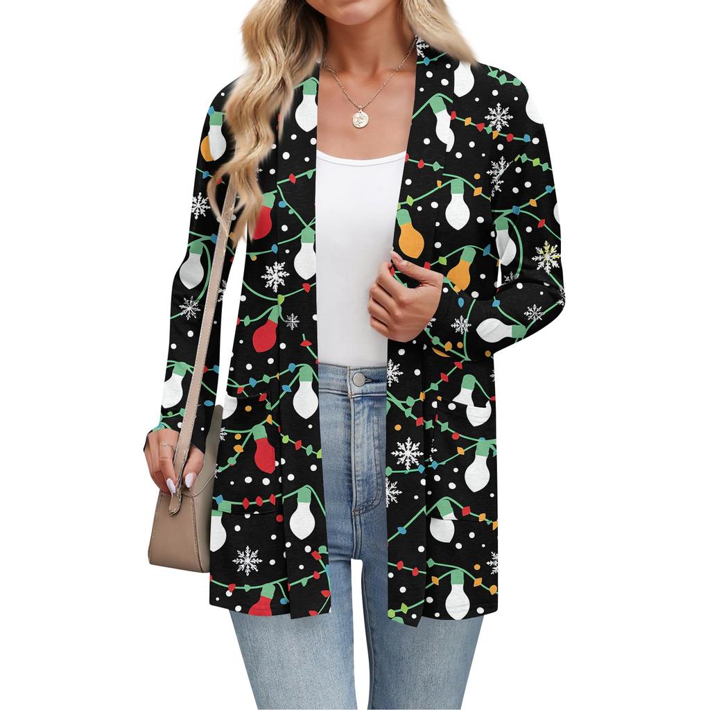 Женский рождественский кардиган с принтом, легкий, с длинными рукавами, повседневный, свободного кроя, тонкий, с карманами, куртка-кардиган