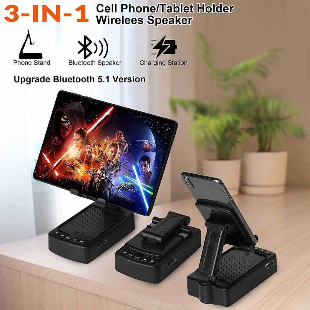 Подставка для мобильного телефона с динамиком Bluetooth, беспроводной динамик с противоскользящим держателем и зарядной станцией, совместимой с телефоном, регулируемый угол и высота