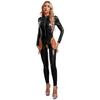 Womens One Piece Long Sleeve Crotchless Jumpsuit Wet Look Patent Leather Zipper Bodysuit Catsuit