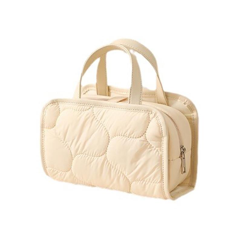 Portable Puffy Make up Organizer Case Bag Removable Cosmetic Pouch Small Toiletry Bag with Clear PVC PU Leather Handle