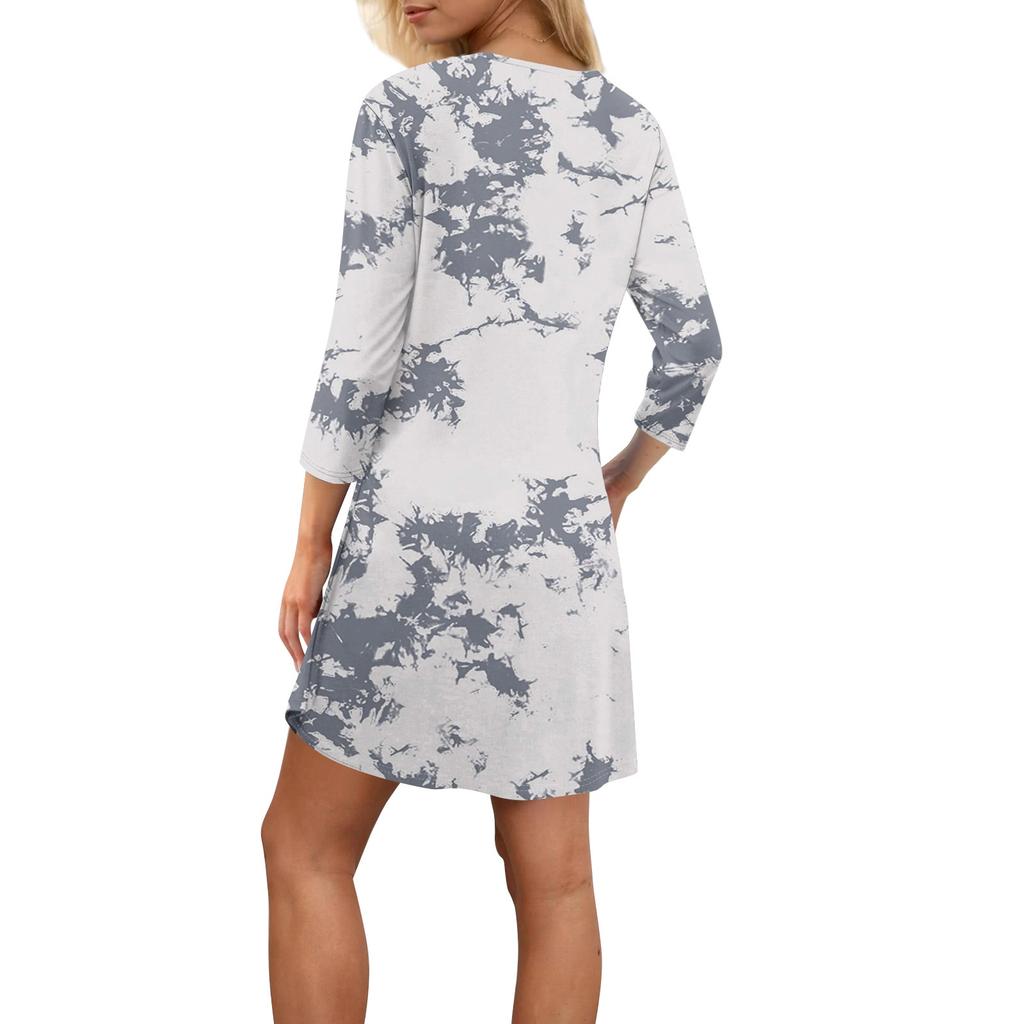 Women's Summer Dress Loose V Neck Three-quarter Sleeve Sundress With Pockets Dress