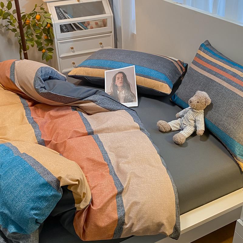 Простыня в клетку из четырех предметов и пододеяльник в японском стиле в скандинавском стиле, набор из трех предметов из стираного хлопка с начесом