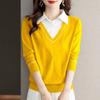 Fake Two Piece Knitted Top Women's Spring Autumn New Turn Down Collar Long Sleeve Knittwear Loose Shirt Collar Sweater
