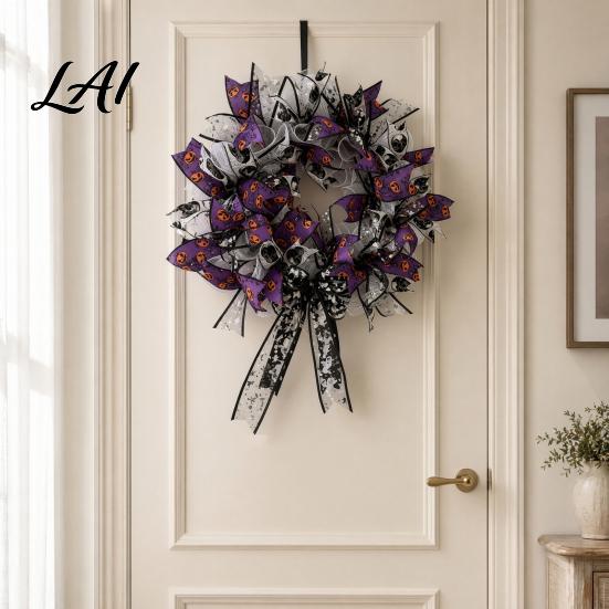 Party Backdrop Halloween Mesh Ribbon Wreath for Front Door Spooky Skull Pumpkin with Decor Bow Purple Black Stripe Decorative Garland Doors