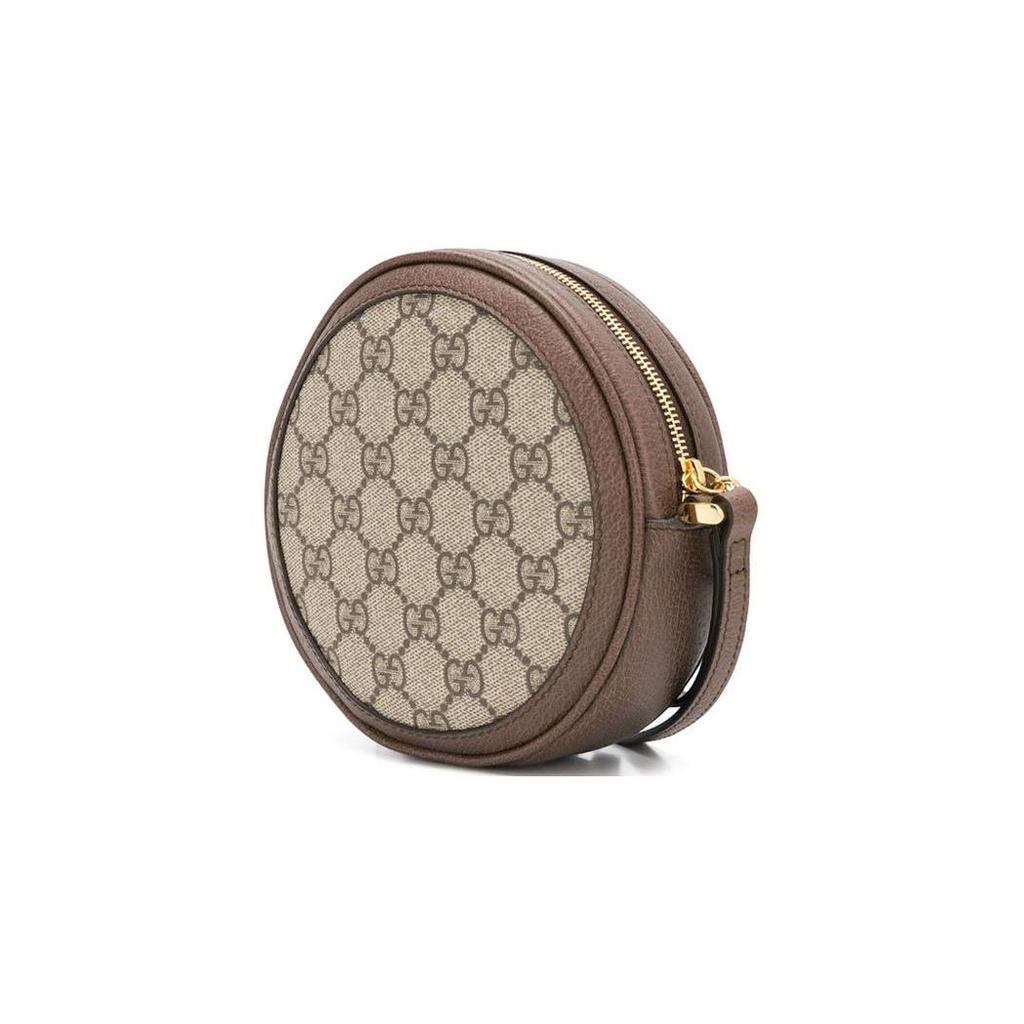 Gucci Круглая монетница из канвы GG Supreme с отделкой из коричневой кожи и полосой Web, Женская сумочка-клатч на запястье для ежедневных поездок 574841-96IWG-8745