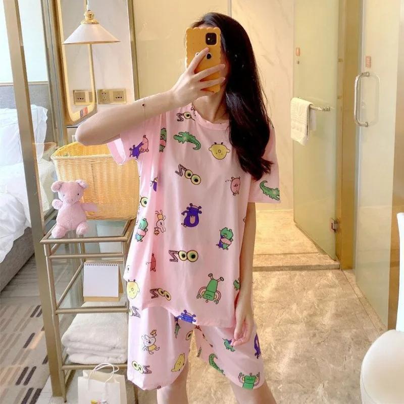 Пижамный комплект для женщин с короткими рукавами, шорты для учебы, домашняя одежда из двух частей, топ с круглым вырезом, шорты с кроликом, которые можно носить на улице
