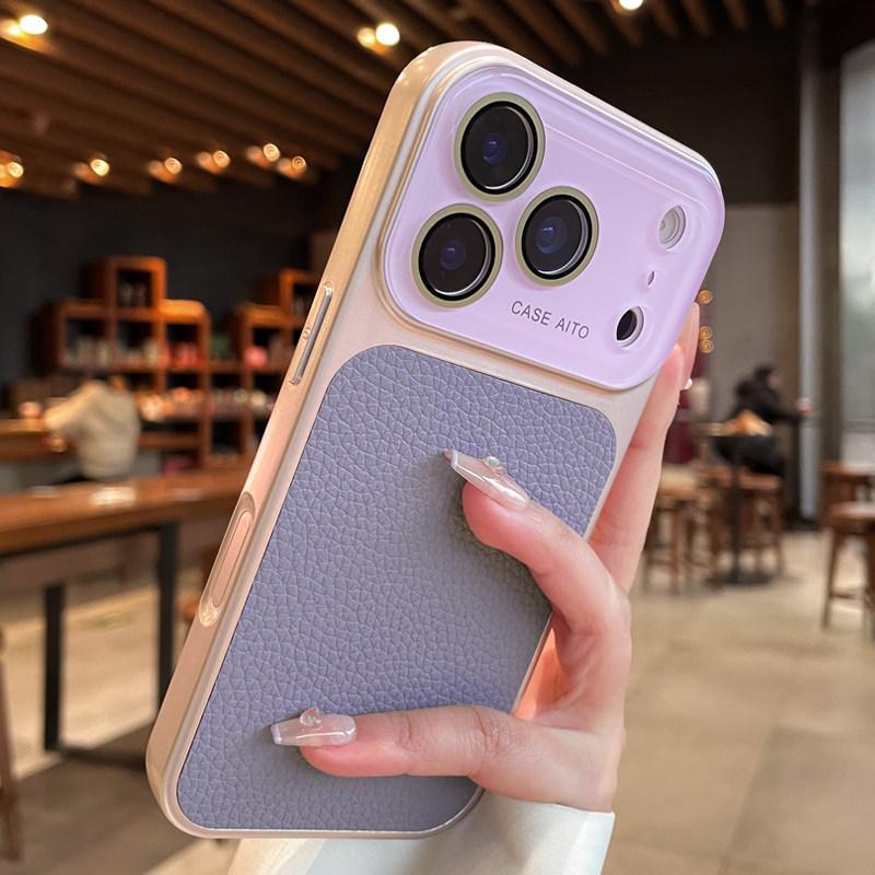 Кристальный чехол с большим окном из кожи личи для iPhone 17 16 15 14 13 Pro Max 17Pro Ударопрочный бронированный мягкий бампер Защитная накладка Skin