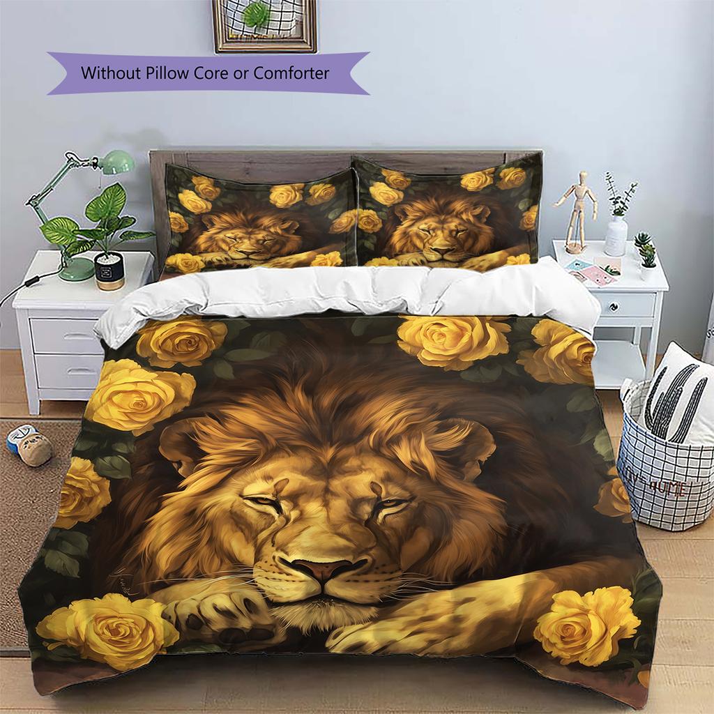 Lion and Rose Pattern Bedding Home Decoration Birthday Gift (1 * duvet cover + 2 * pillowcase, without core)