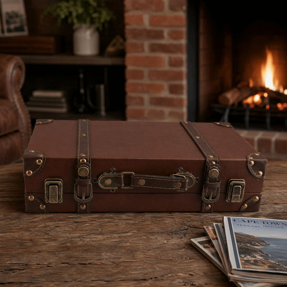 Wood Vintage Suitcase Brown Wooden Storage Box Multi-purpose Organizer Home Organization
