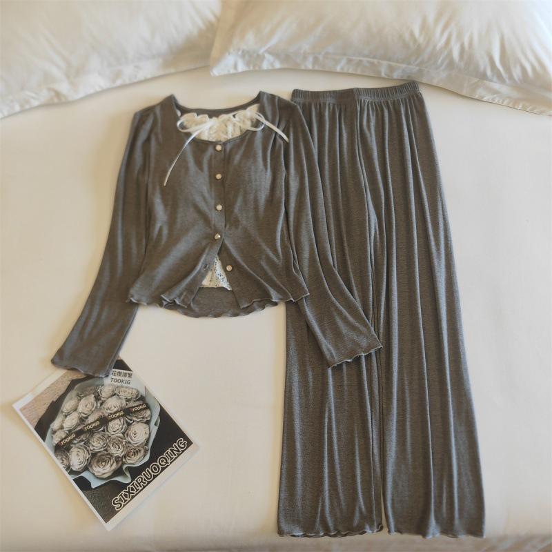 Женский пижамный комплект Chunqiu из модального вискозного волокна с кружевом и нагрудными вкладышами - с длинным рукавом и брюками