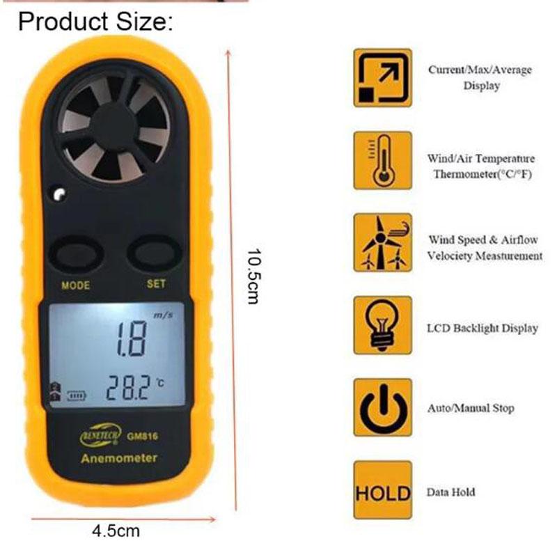 Digital Anemometer 0-30m/s Wind Speed Meter Mini Air Velocity Airflow -10°C ~ 45°C Temperature Tester with LCD Backlight