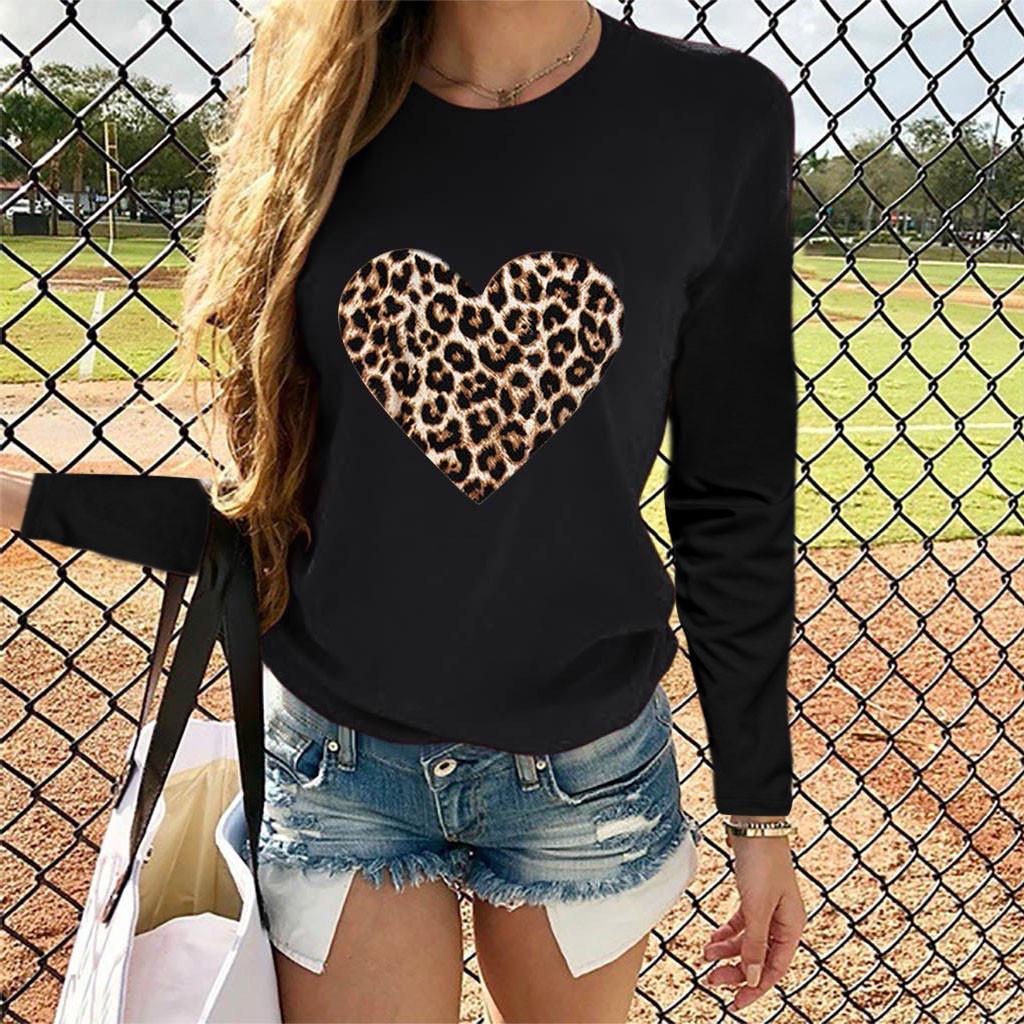 Women Casual Long Sleeve Leopard Print Heart-shaped Top
