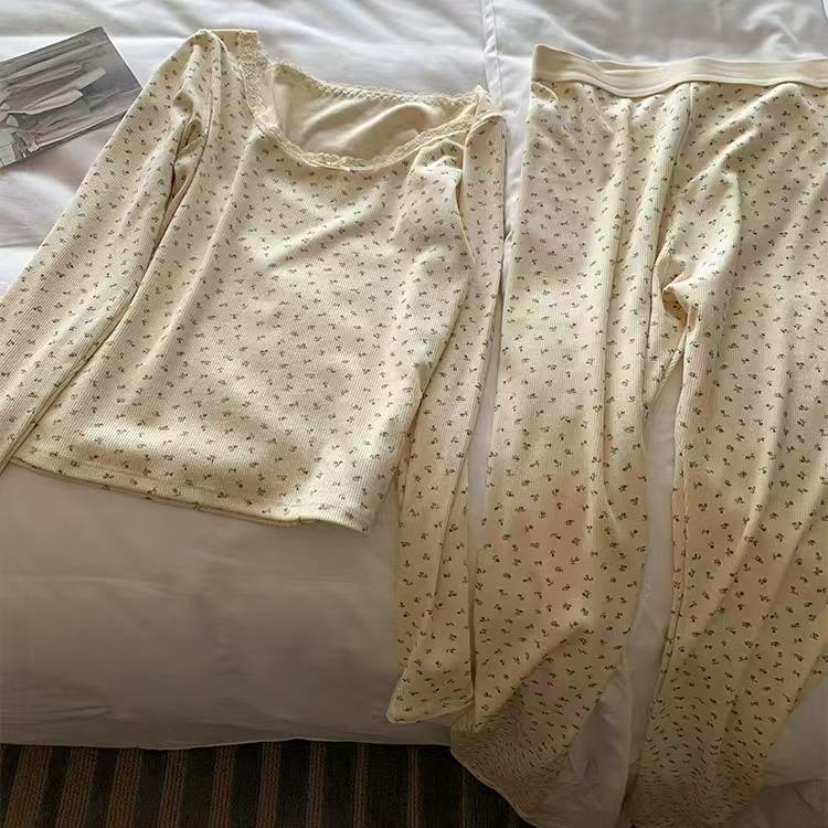 Комплект термобелья из хлопкового кружева с бантом и круглым вырезом с цветочным принтом на осень