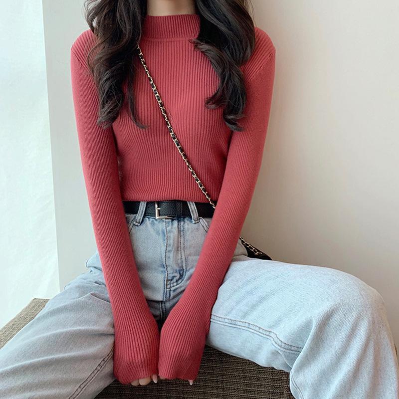 Women Spring Autumn Winter Half Turtleneck Pullovers Sweaters Jumper Primer Shirt Long Sleeve Short Slim-fit Tight Chic Solid One Size