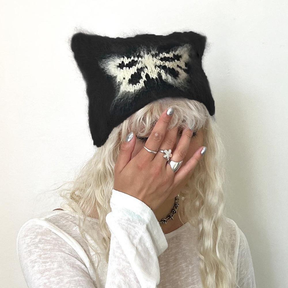 Butterfly Cat Ear Woolen Hat Korean Style Brimless Beanie Cap Knitted Pullover Hat Autumn