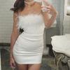 Летняя женская модная одежда Элегантные платья Мини-платье Вечеринка Клубная одежда с открытыми плечами Сексуальная тонкая уличная одежда с перьями Однотонная лоскутная одежда