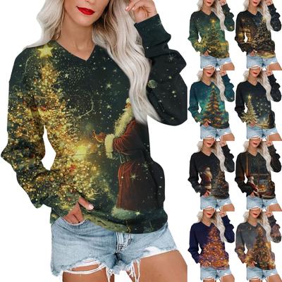 Женская рождественская толстовка с V-образным вырезом, длинный рукав, повседневный легкий пуловер