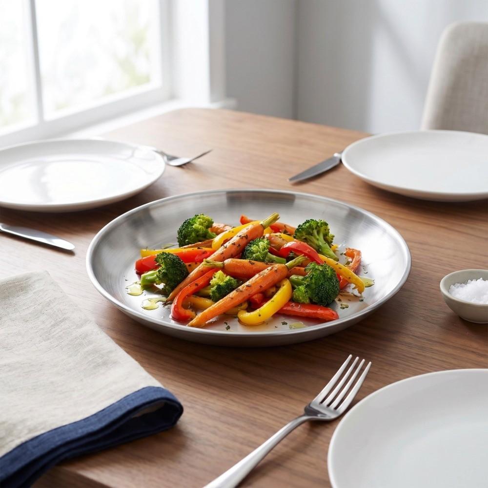 Round Stainless Steel Fruit Pan Brushed Round Pizza Tray Dessert Fruit Western Cuisine