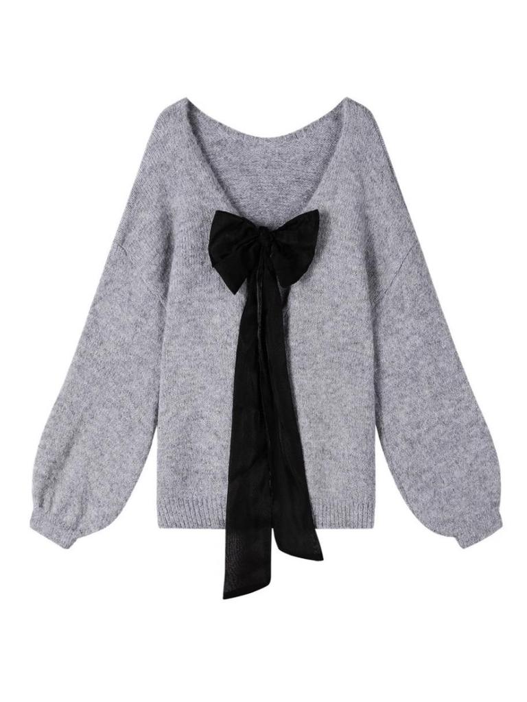 Серый трикотажный свитер-пуловер с бантом в корейском стиле: Модный, Стройнящий, Уличный Стиль для Осенних Женщин