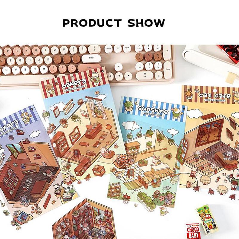 1 лист 3D Пейзаж Хижина Сумка Наклейки Наклейка для питомца Милый мультфильм Карманный DIY Сцена Ландшафтный Декор Наклейка