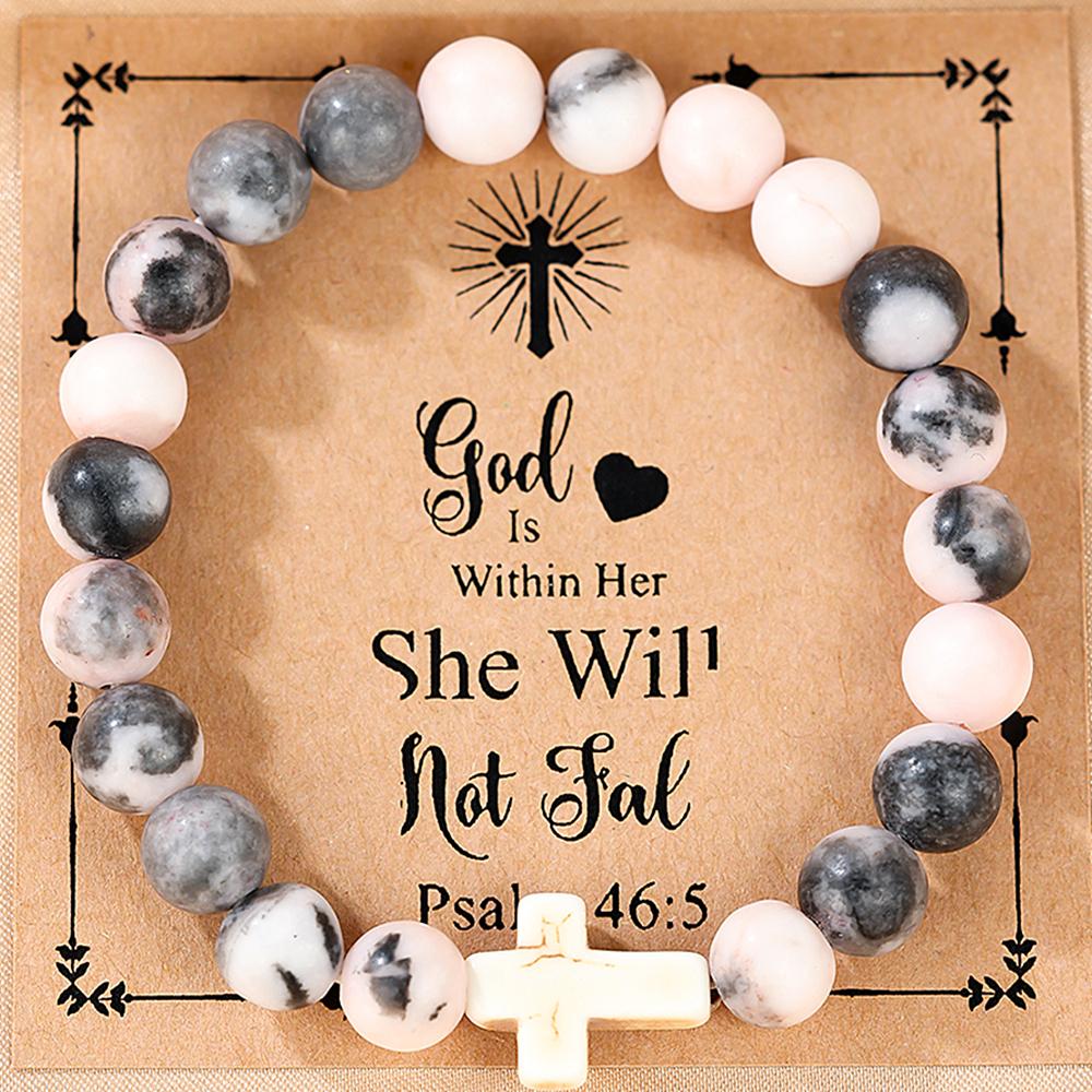 Религиозный крестовый браслет для женщин и мужчин, натуральный камень, эластичный браслет из бисера, молитвенный браслет с карточкой