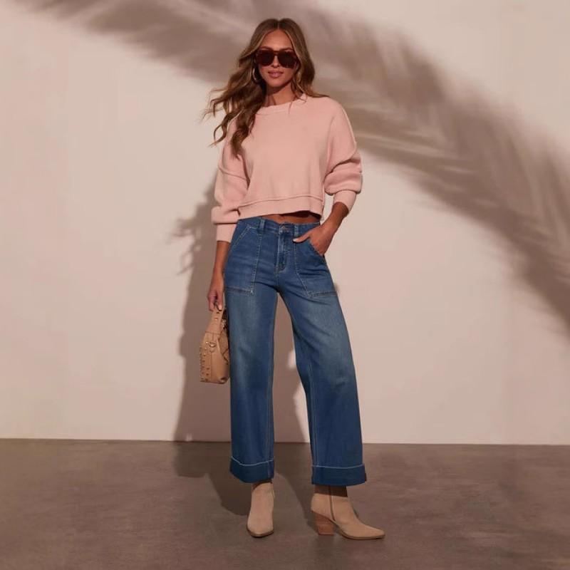 Womens High-Waisted Wide Leg Denim Pants Loose Fit Washed Cuffed Jeans Comfortable Casual Office Wear