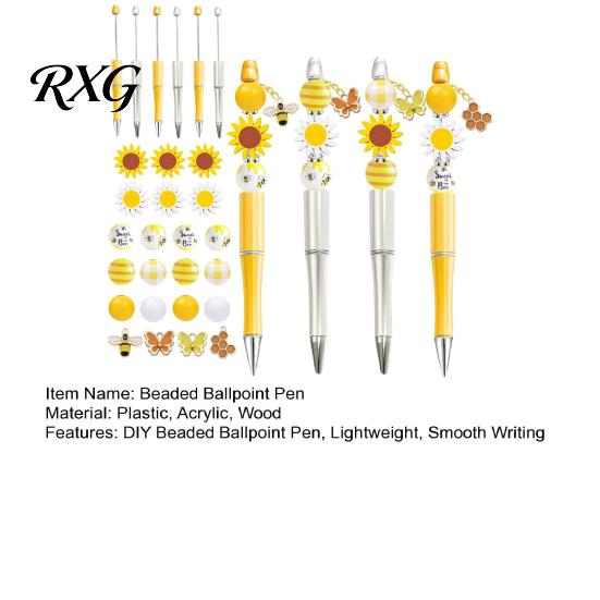 Personalized Beaded Pen Supplies Sunflower Bee Ballpoint Set, DIY Easy Assemble Decorative Pens with Beads Kits, Smooth Writing Pen, for Students