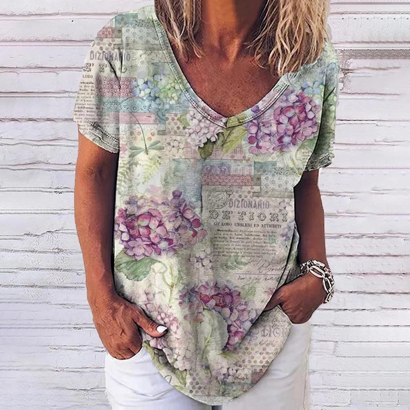 Модная женская футболка с 3d цветочным принтом, топы, футболки с v-образным вырезом и короткими рукавами, женская одежда, летняя футболка большого размера, женская одежда