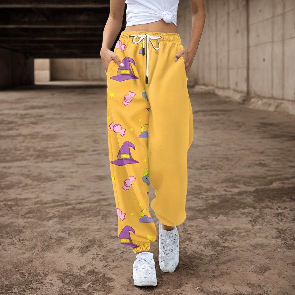 Женские повседневные брюки с принтом на Хэллоуин, эластичные брюки с завязками на талии