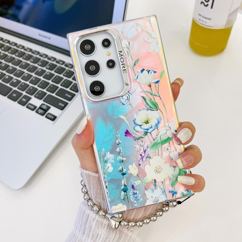 Цветы Подходящие для чехла для мобильного телефона Samsung S25ultra S24Plus Гальванизированный Лазерный A56 с Жемчужным Браслетом Защитный Чехол