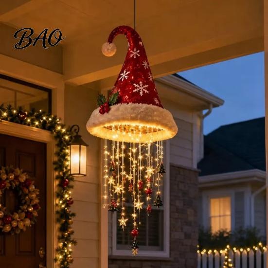 Indoor Christmas Craft Supplies Light?Up Santa Hat Hanging Chandelier DIY Kit, Warm LED String Lights Decorative Ornament Pendant with Star Tassel,